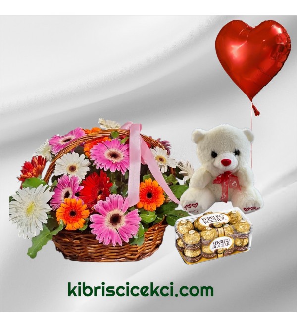 Sepette Gerbera Ayıcık 16'lı Ferrero Çikolata Kalp Helyum Balon